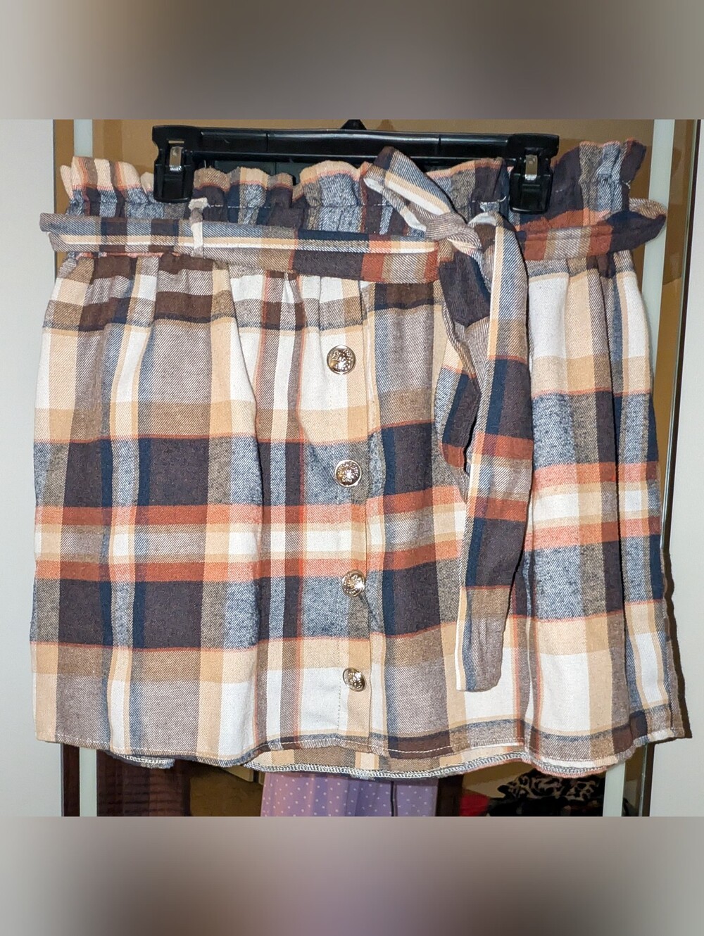 Plaid Button-Front Paperbag Waist Mini Skirt in Brown/Orange/Cream